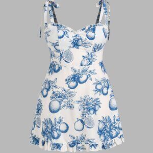 Lemon Print Ruffle Hem Tie Shoulder Mini Dress